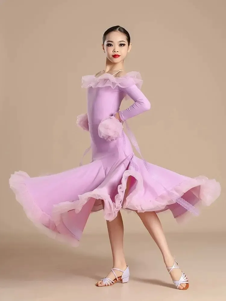 Ballroom Dress with Ruffles and Off the Shoulder Neckline Pra 1458