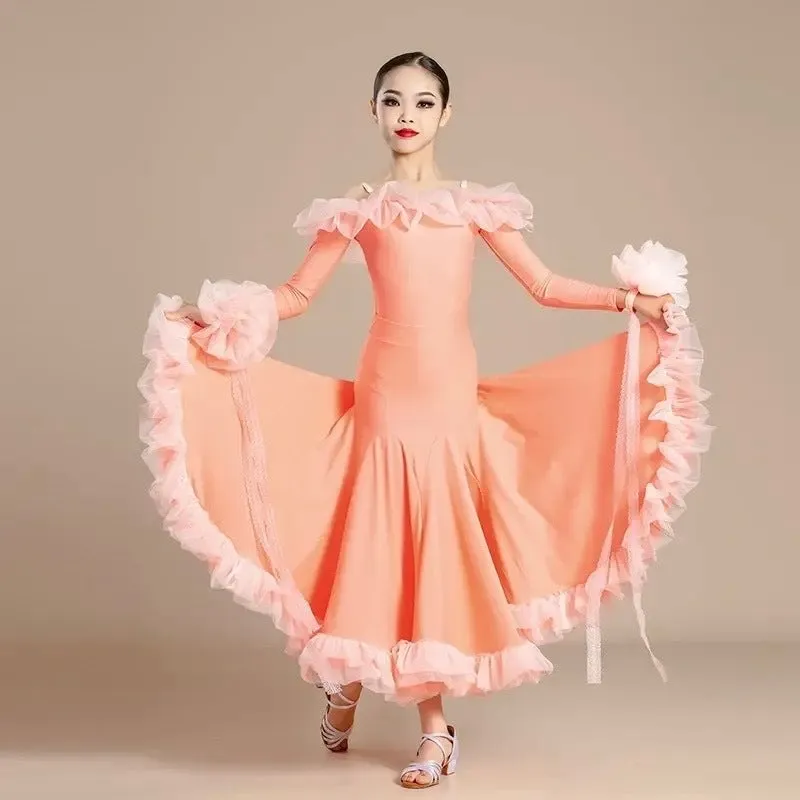 Ballroom Dress with Ruffles and Off the Shoulder Neckline Pra 1458