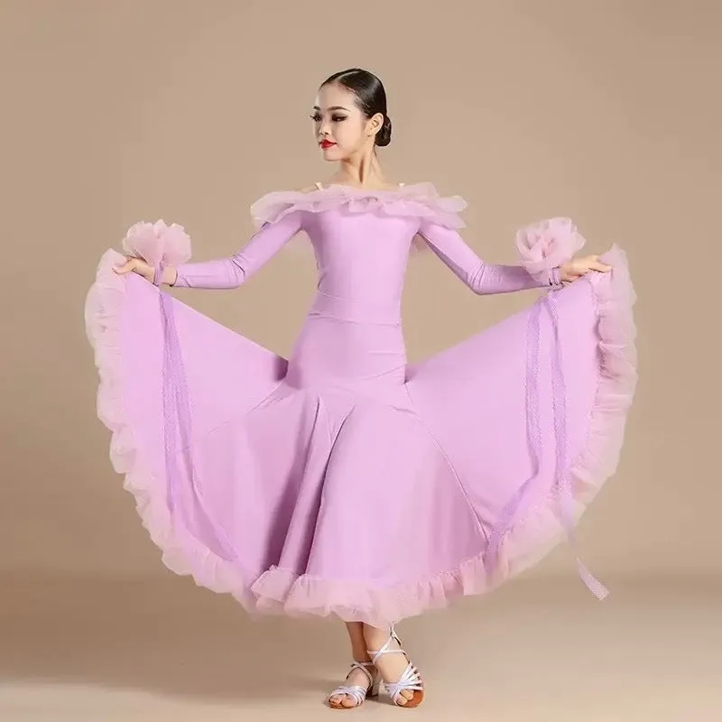 Ballroom Dress with Ruffles and Off the Shoulder Neckline Pra 1458