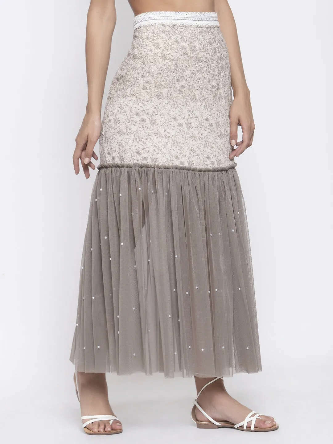 Beige Printed And Net Skirt