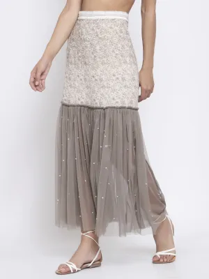 Beige Printed And Net Skirt