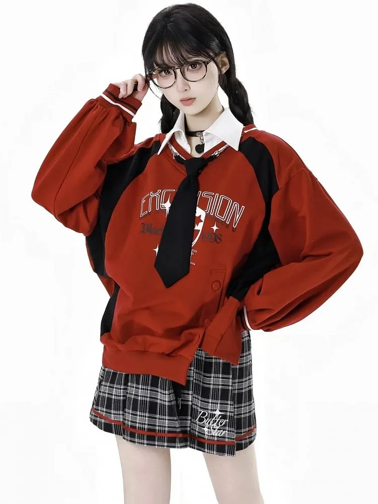 Black and Grey Letters Plaid Pleated Skirt Drawstring Waist