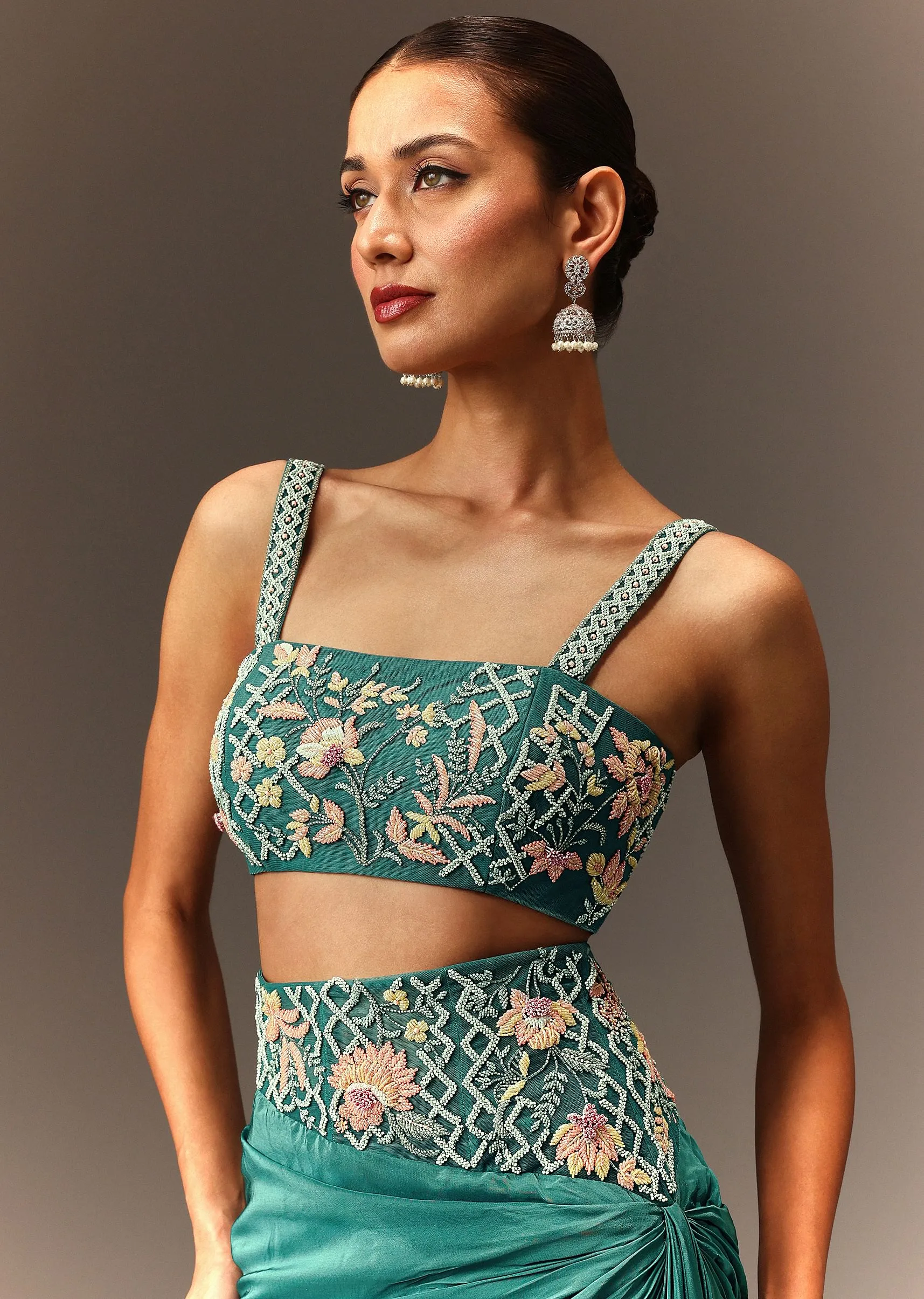 Blue Hand Embroidered Blouse And Drape Skirt With Cape