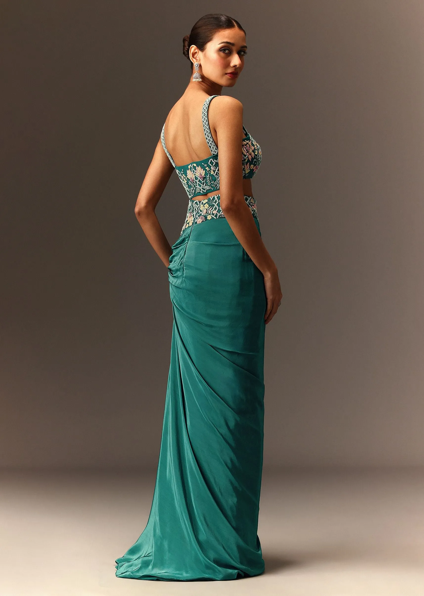Blue Hand Embroidered Blouse And Drape Skirt With Cape