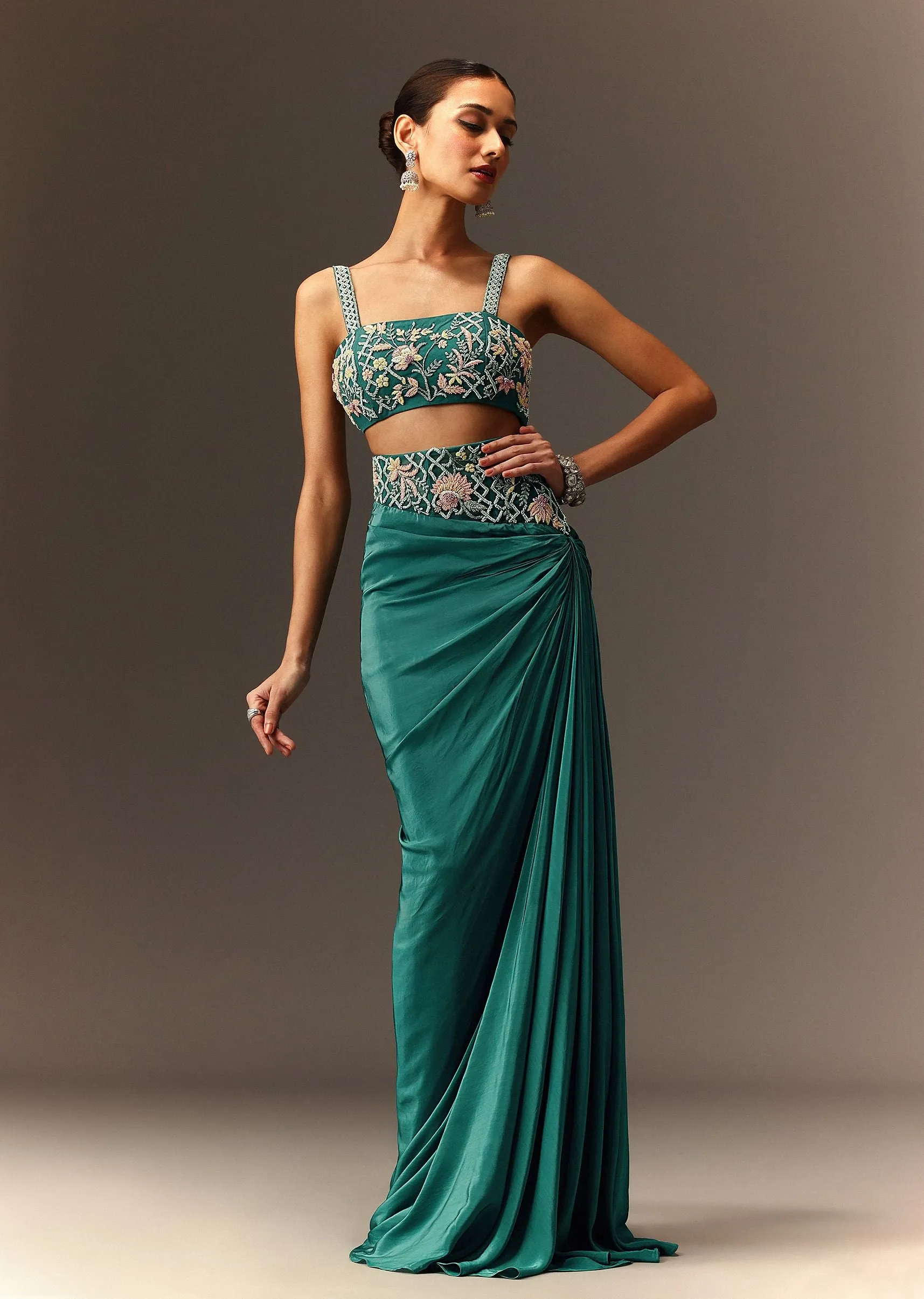 Blue Hand Embroidered Blouse And Drape Skirt With Cape