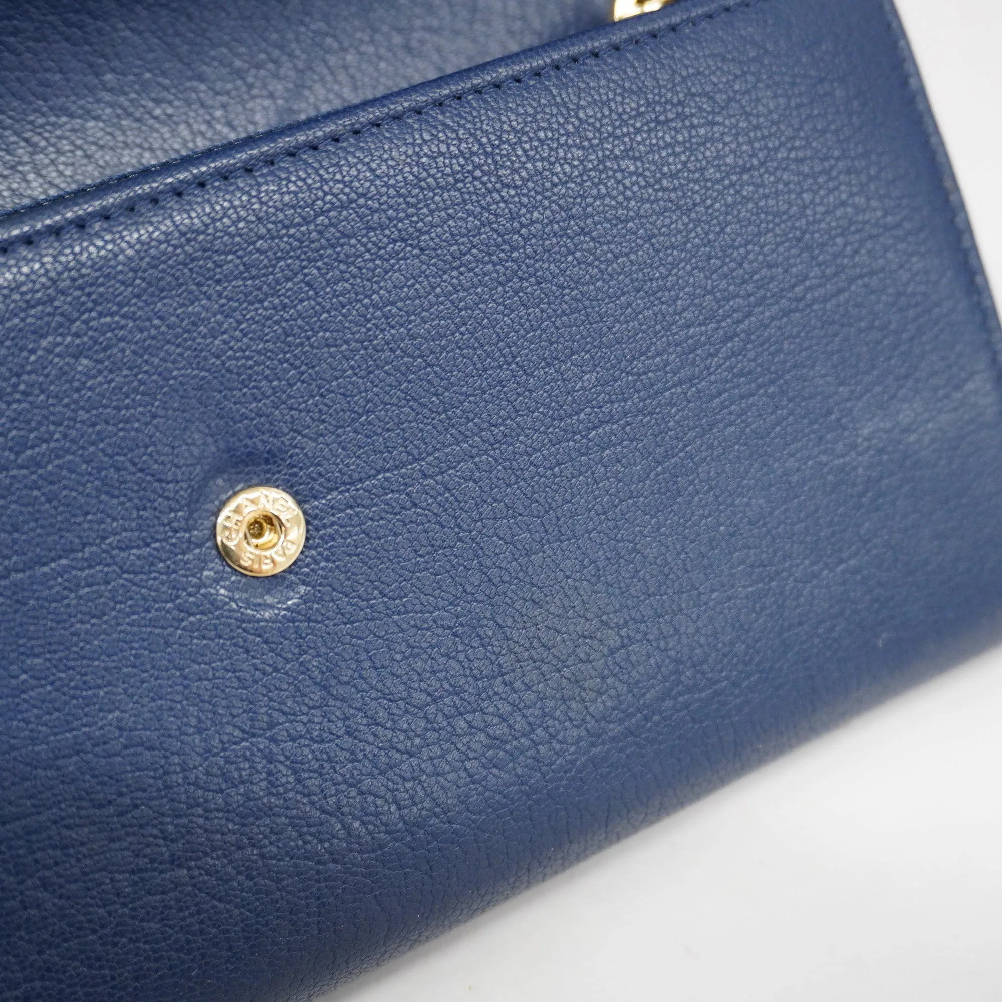 CHANEL  Bi-fold Long Wallet Gold Hardware Navy