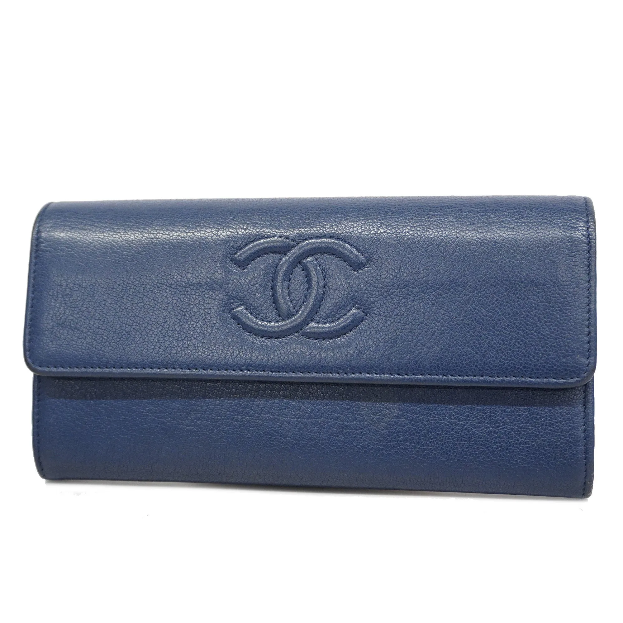 CHANEL  Bi-fold Long Wallet Gold Hardware Navy