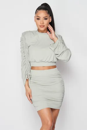 Chic Stylish Ruched Long Sleeve Crop Top And Skirt Set