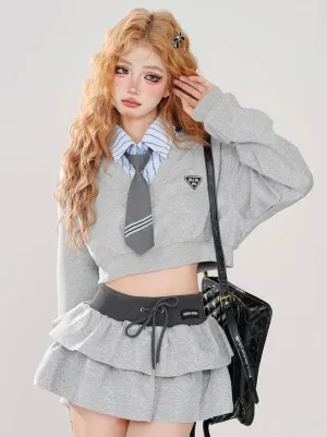 College   Tie Short Style Sweatshirt   Set Color Striped Piece Faux Skirt Two
