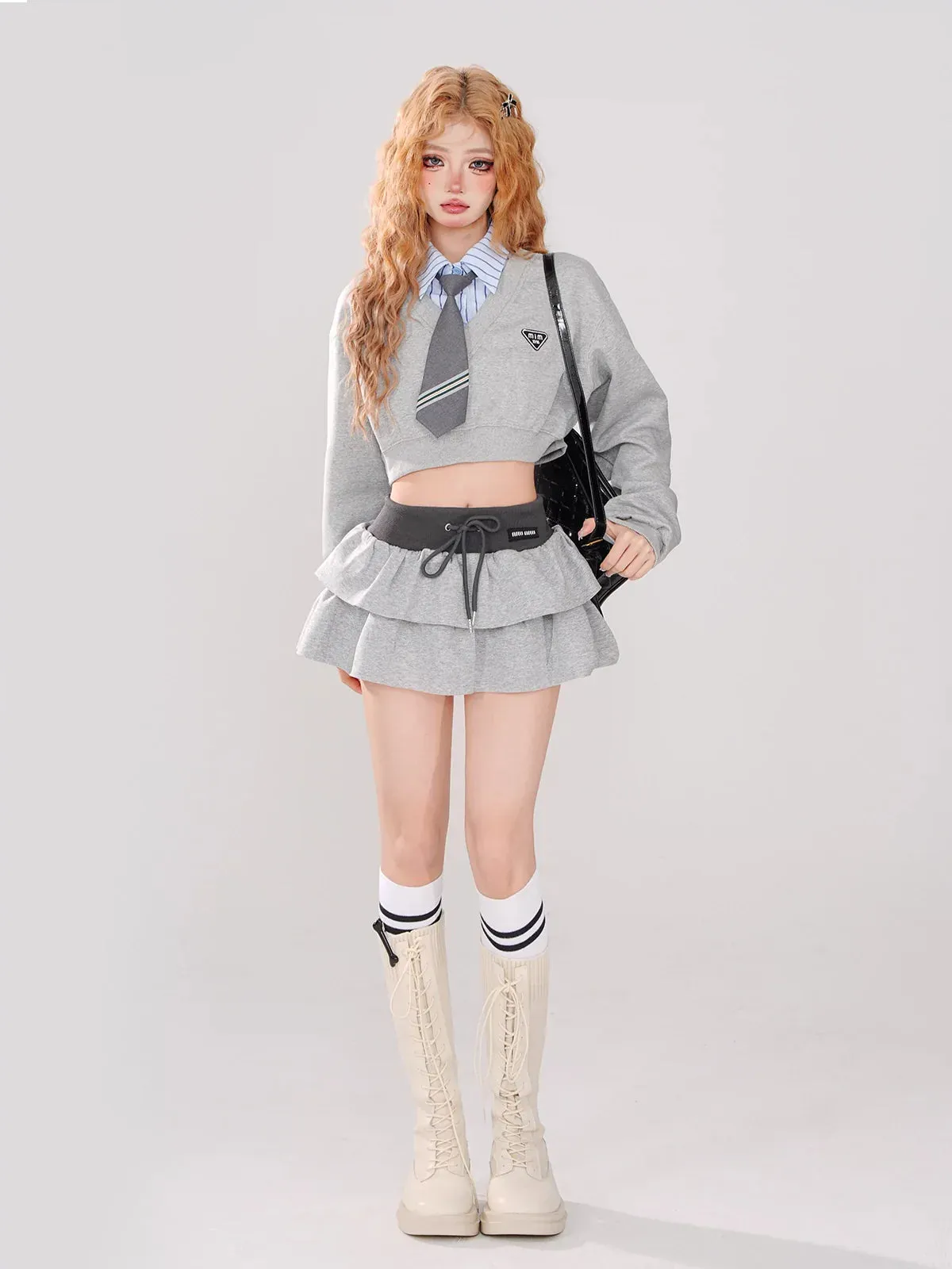 College   Tie Short Style Sweatshirt   Set Color Striped Piece Faux Skirt Two