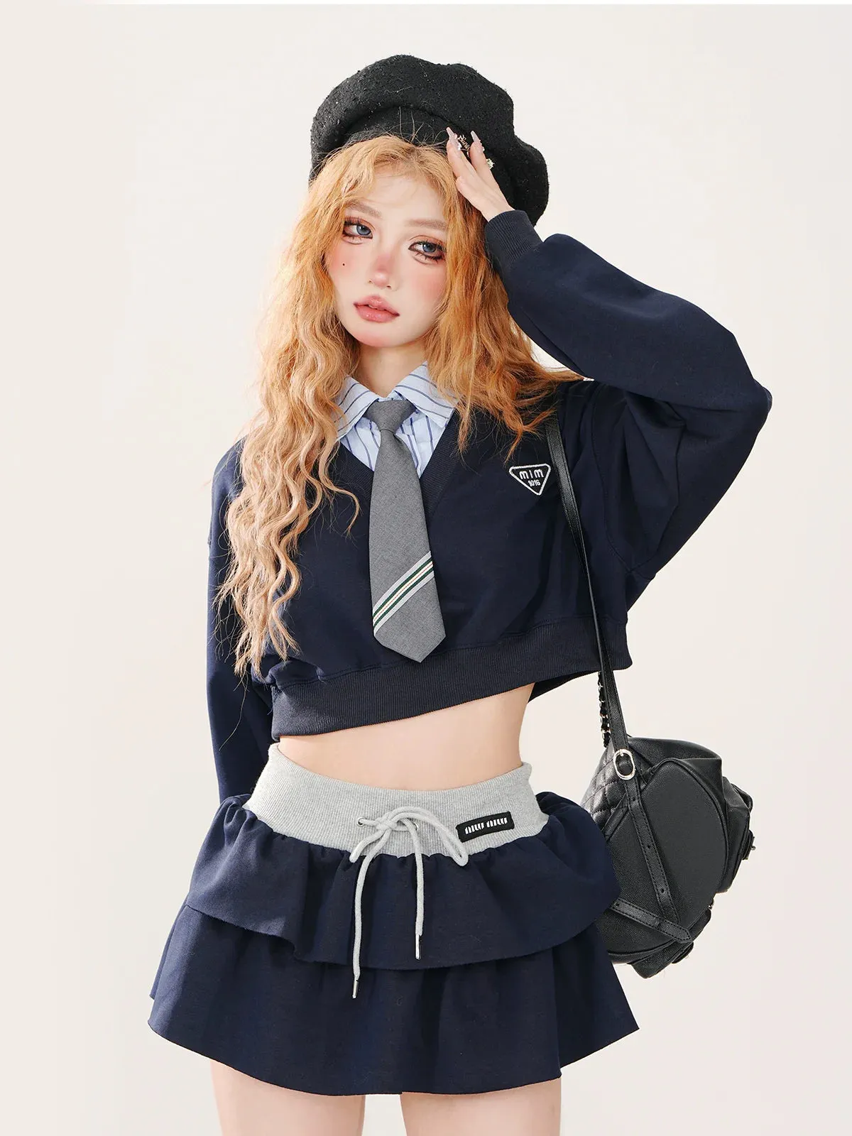 College   Tie Short Style Sweatshirt   Set Color Striped Piece Faux Skirt Two