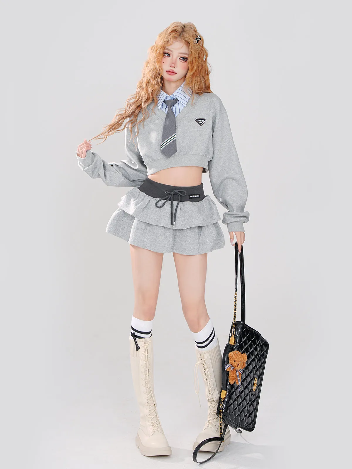 College   Tie Short Style Sweatshirt   Set Color Striped Piece Faux Skirt Two