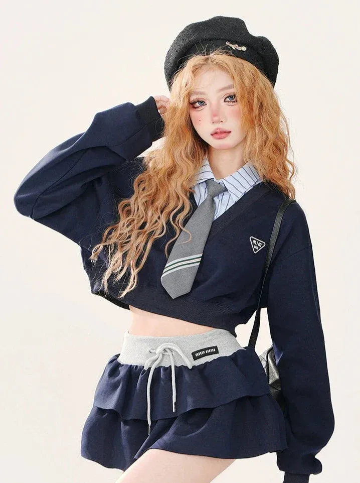 College   Tie Short Style Sweatshirt   Set Color Striped Piece Faux Skirt Two