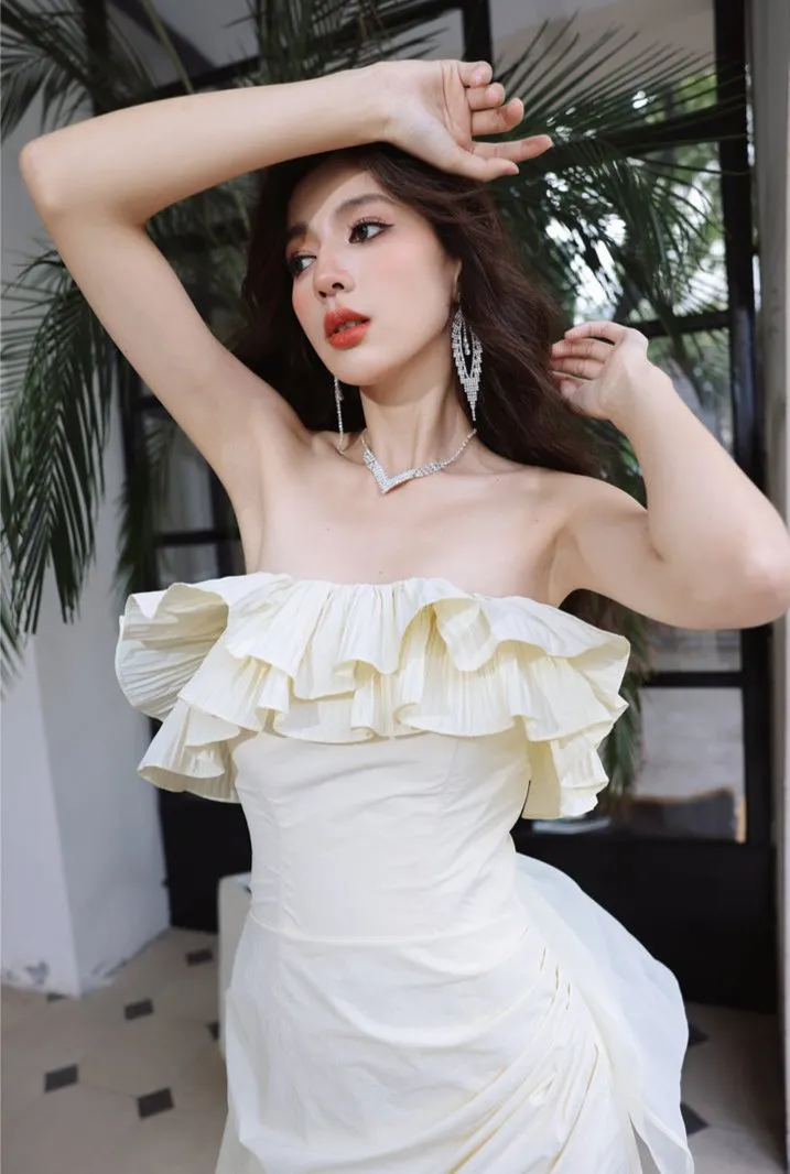 DOLLY Elegant Off White Ruffle Tube Top Long Pleated Wedding Guest Dress-VIVA