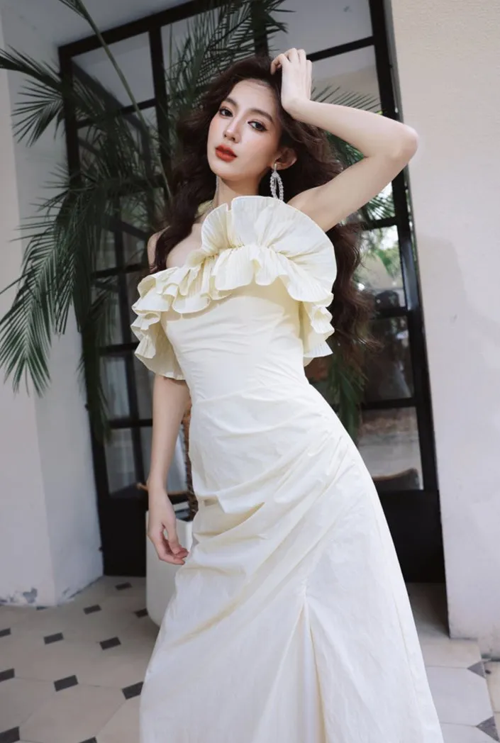 DOLLY Elegant Off White Ruffle Tube Top Long Pleated Wedding Guest Dress-VIVA