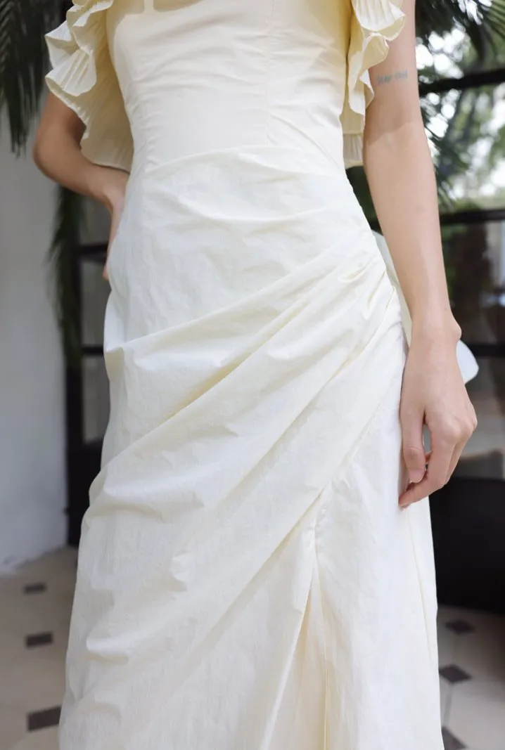 DOLLY Elegant Off White Ruffle Tube Top Long Pleated Wedding Guest Dress-VIVA