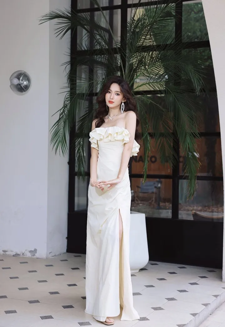 DOLLY Elegant Off White Ruffle Tube Top Long Pleated Wedding Guest Dress-VIVA