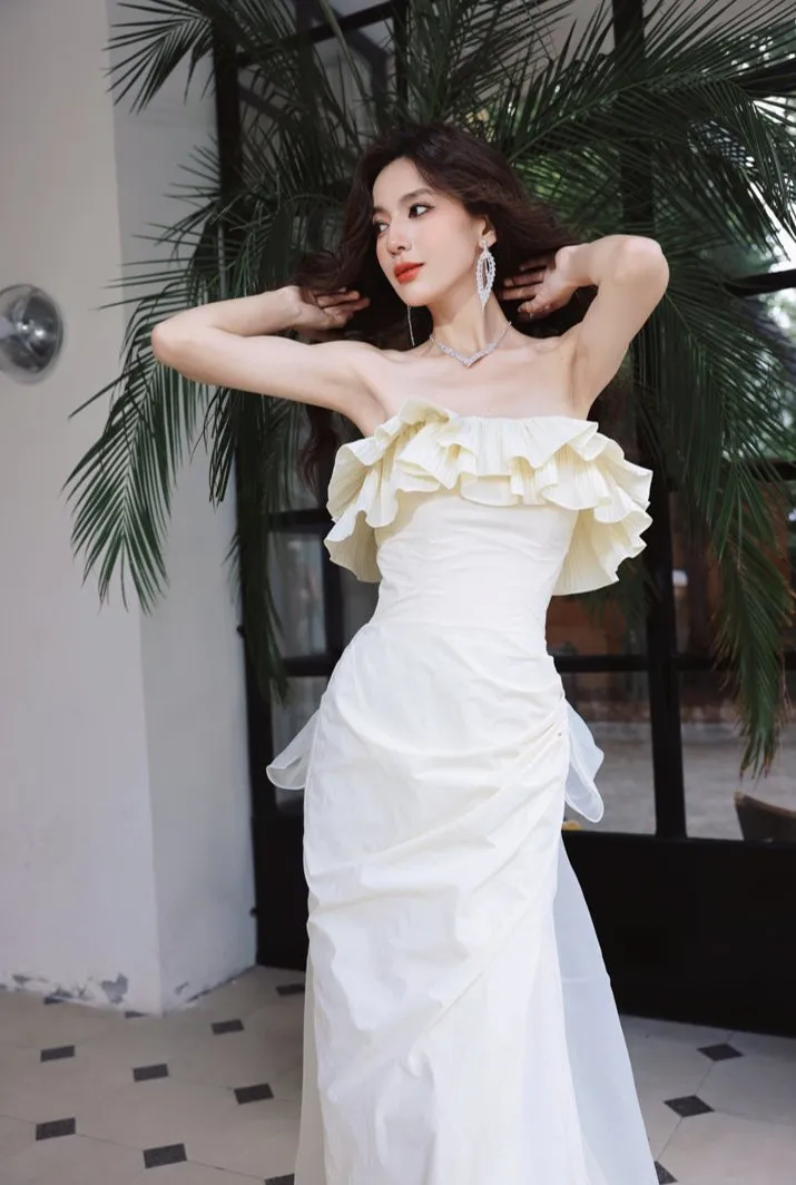 DOLLY Elegant Off White Ruffle Tube Top Long Pleated Wedding Guest Dress-VIVA
