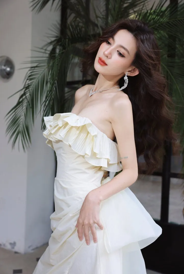 DOLLY Elegant Off White Ruffle Tube Top Long Pleated Wedding Guest Dress-VIVA