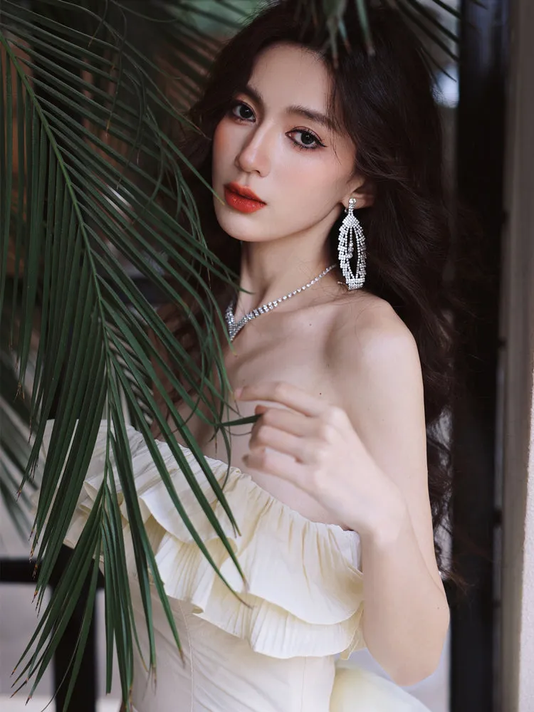 DOLLY Elegant Off White Ruffle Tube Top Long Pleated Wedding Guest Dress-VIVA