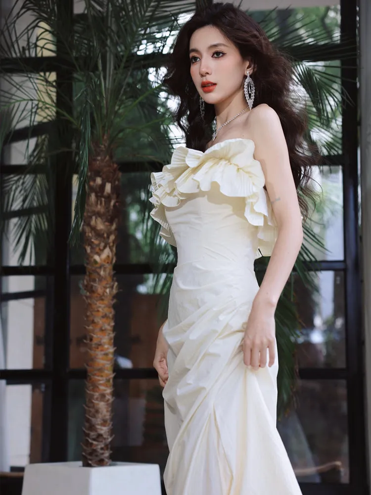 DOLLY Elegant Off White Ruffle Tube Top Long Pleated Wedding Guest Dress-VIVA
