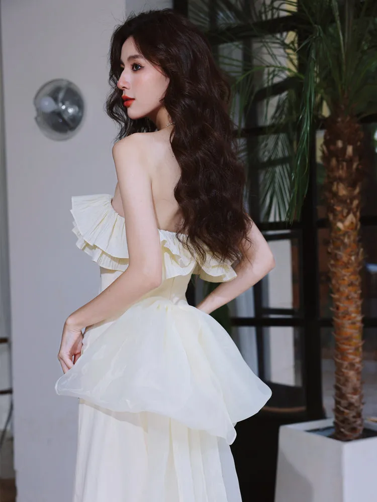 DOLLY Elegant Off White Ruffle Tube Top Long Pleated Wedding Guest Dress-VIVA