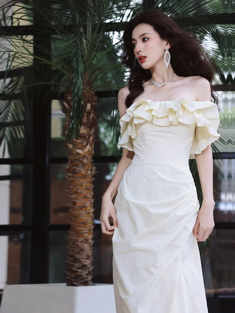 DOLLY Elegant Off White Ruffle Tube Top Long Pleated Wedding Guest Dress-VIVA