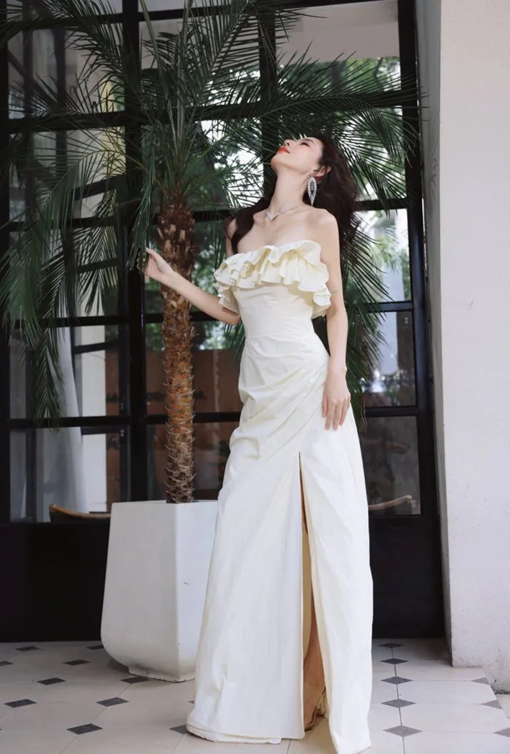 DOLLY Elegant Off White Ruffle Tube Top Long Pleated Wedding Guest Dress-VIVA
