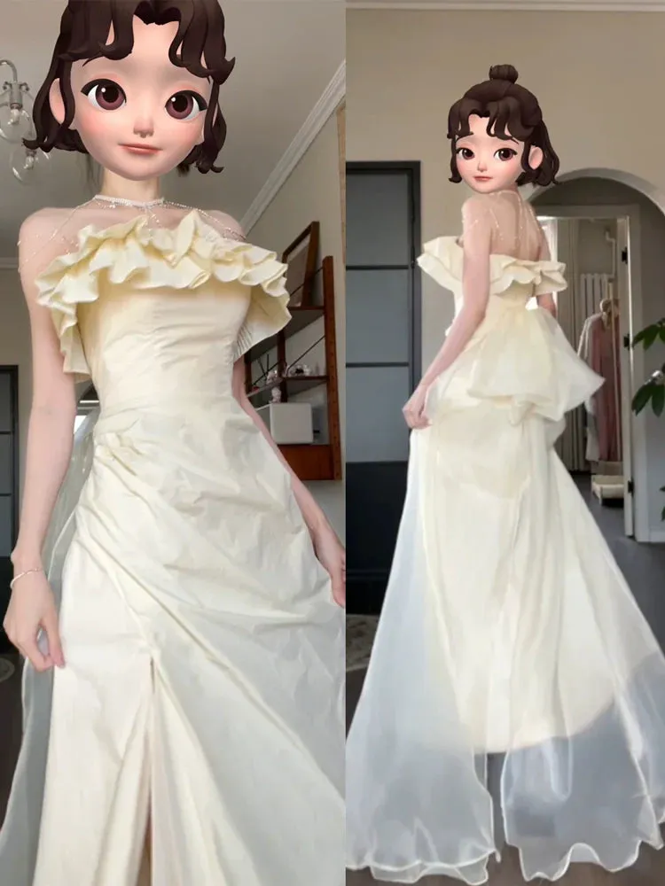 DOLLY Elegant Off White Ruffle Tube Top Long Pleated Wedding Guest Dress-VIVA