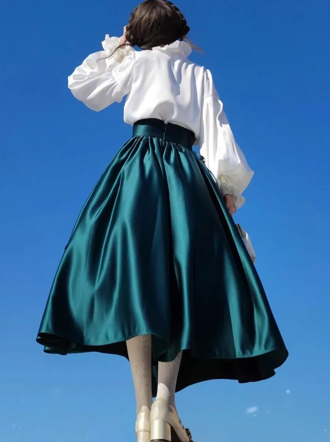 Elegant Frill Lace Blouse   Satin Long Flare Skirt