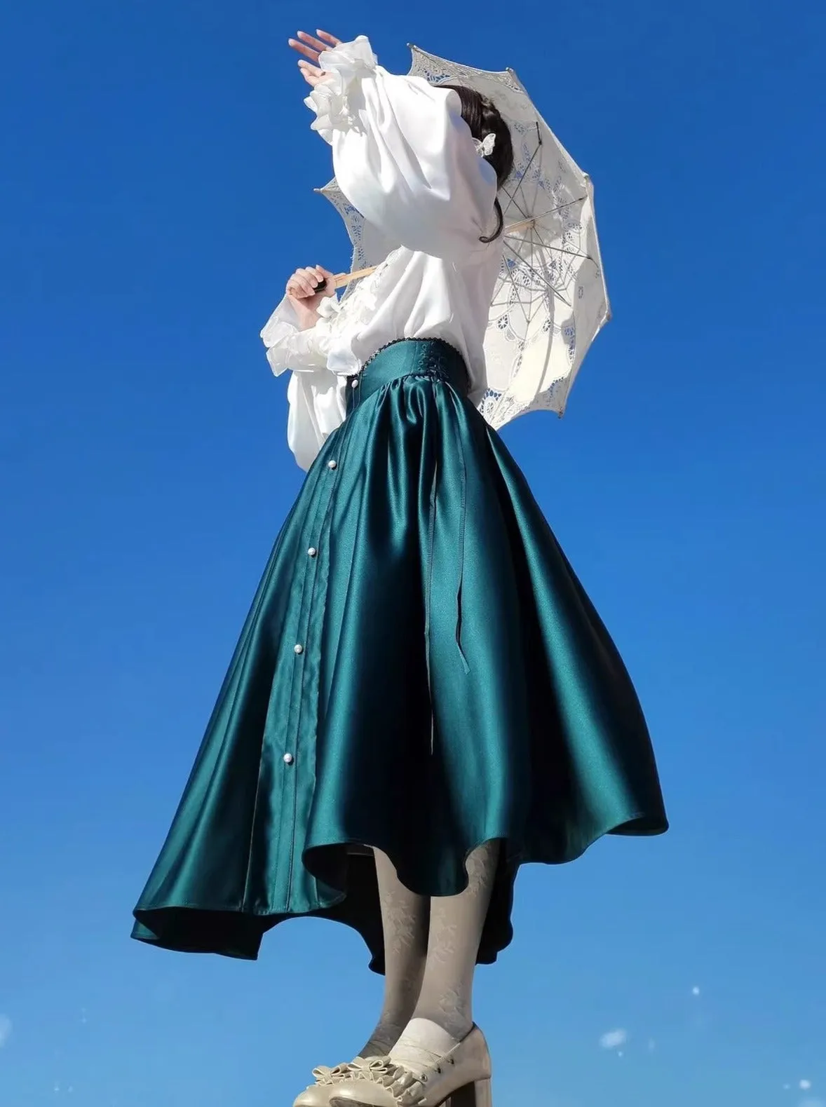 Elegant Frill Lace Blouse   Satin Long Flare Skirt