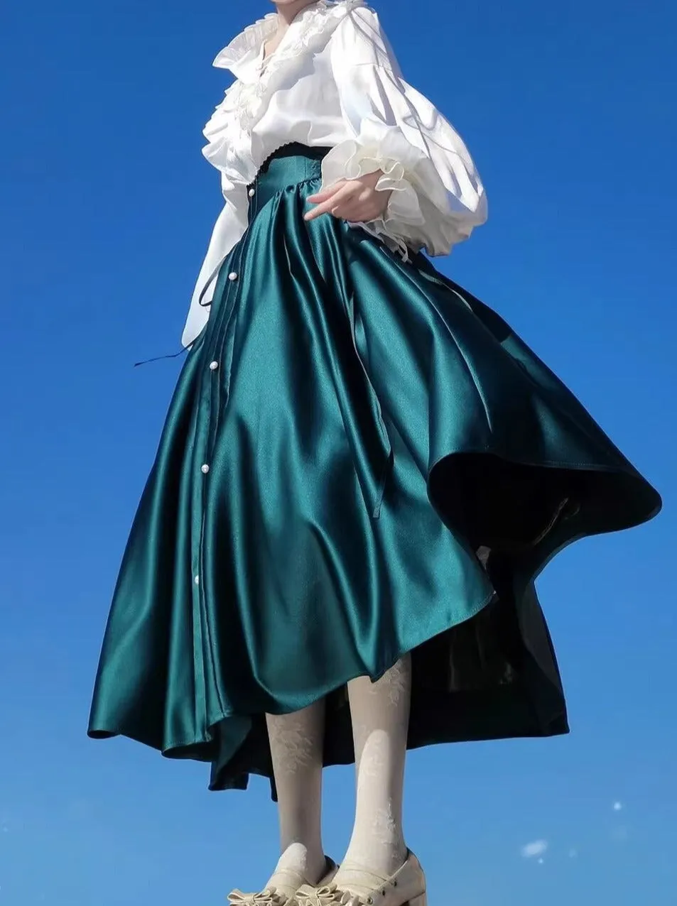 Elegant Frill Lace Blouse   Satin Long Flare Skirt