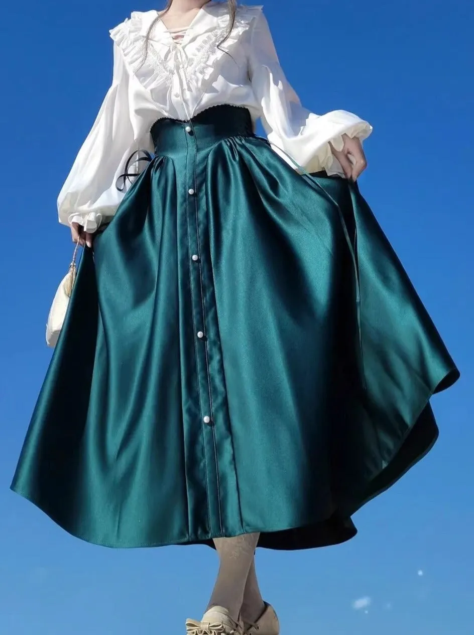 Elegant Frill Lace Blouse   Satin Long Flare Skirt