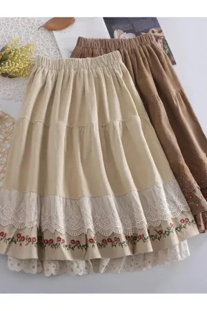 Embroidery Floral Midi Skirt