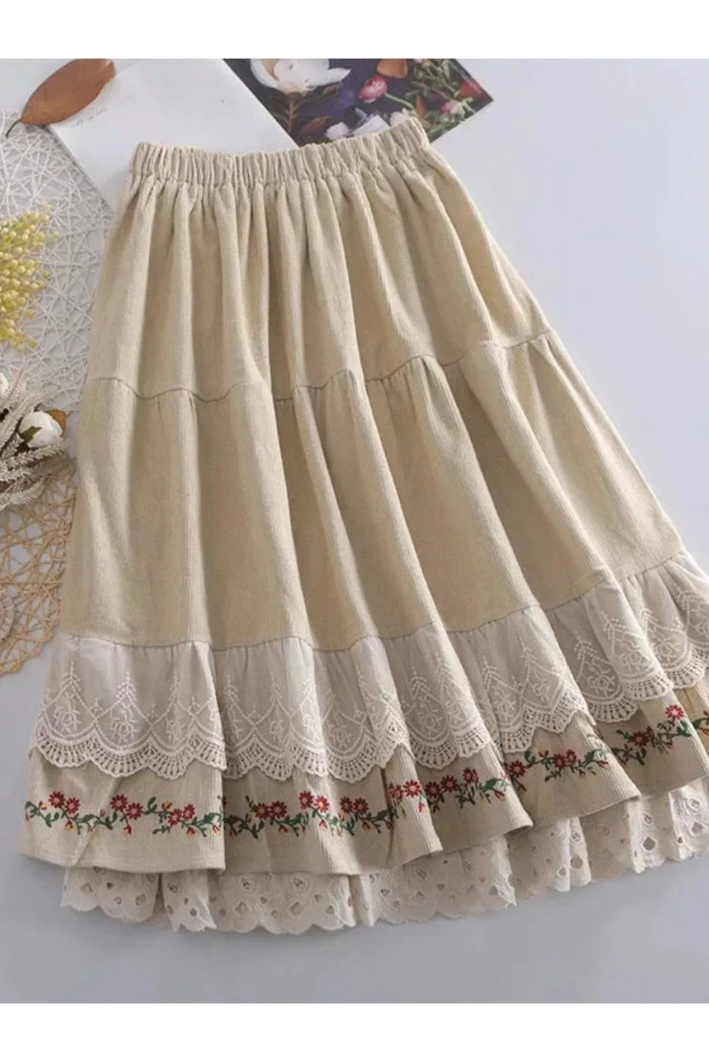 Embroidery Floral Midi Skirt