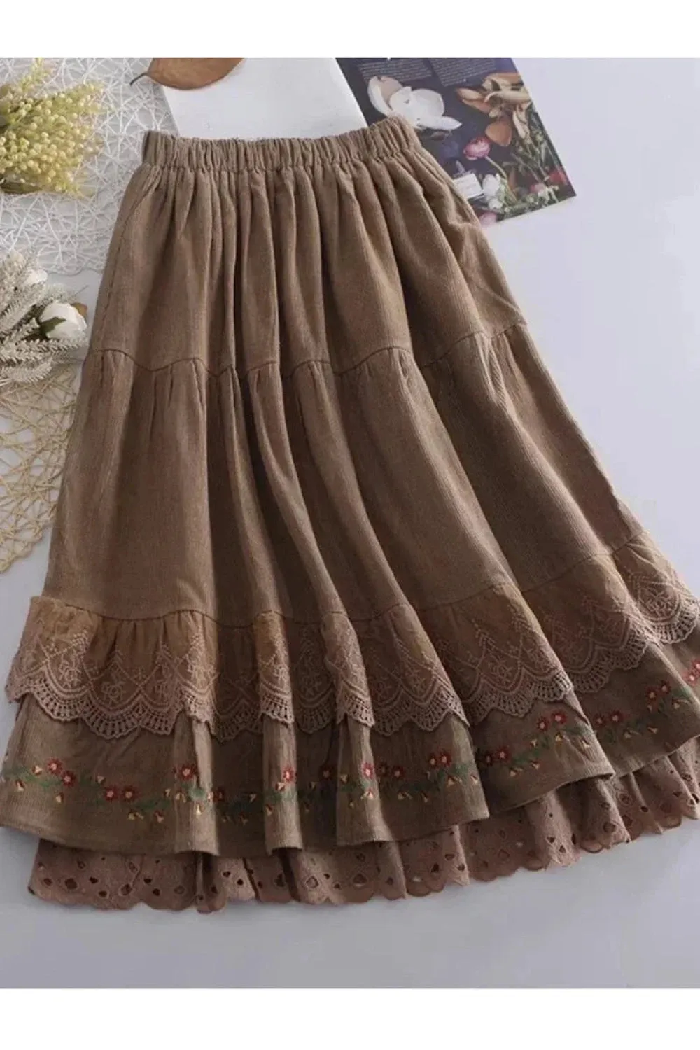Embroidery Floral Midi Skirt