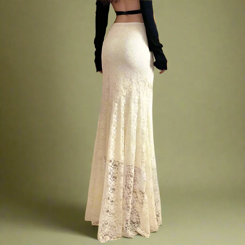 Fairycore Ivory Lace Flared Maxi Skirt