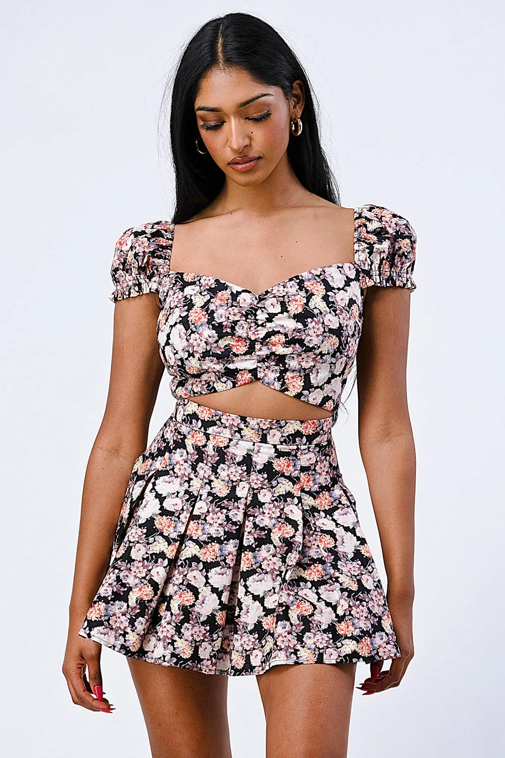 FLORAL SWEETHEART CROP TOP AND FLARED SKIRT SET