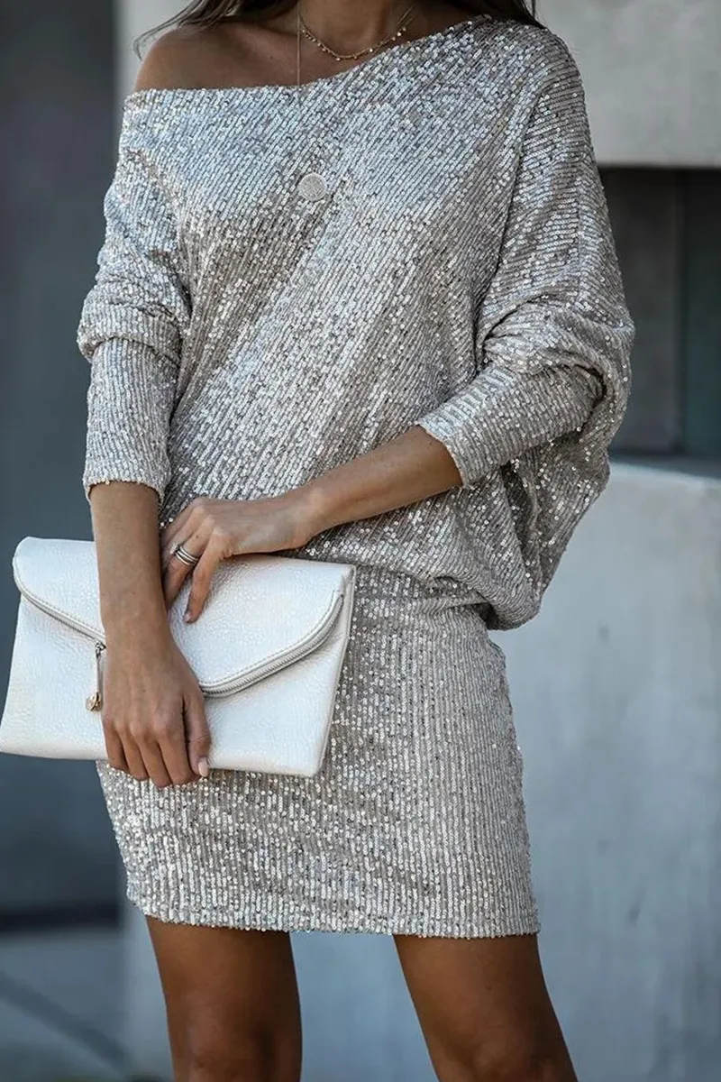hulianfu Casual Patchwork Sequins One Shoulder Pencil Skirt Dresses