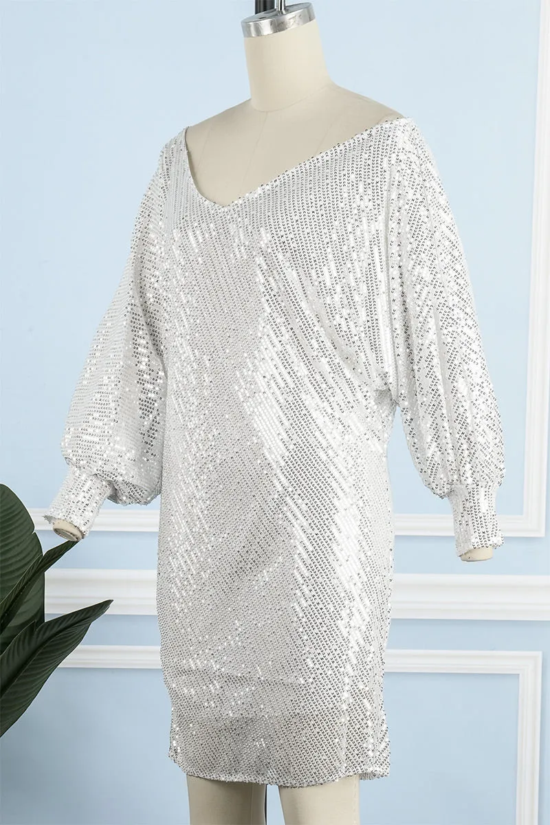 hulianfu Casual Patchwork Sequins One Shoulder Pencil Skirt Dresses
