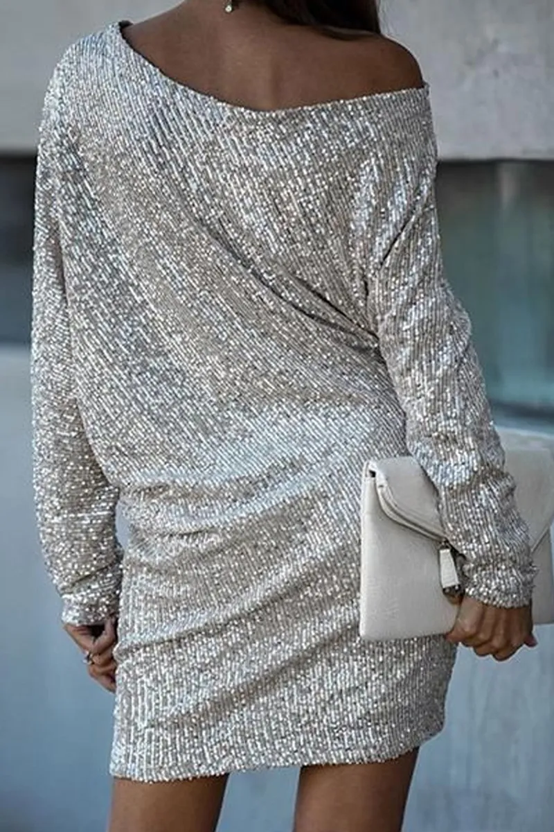 hulianfu Casual Patchwork Sequins One Shoulder Pencil Skirt Dresses
