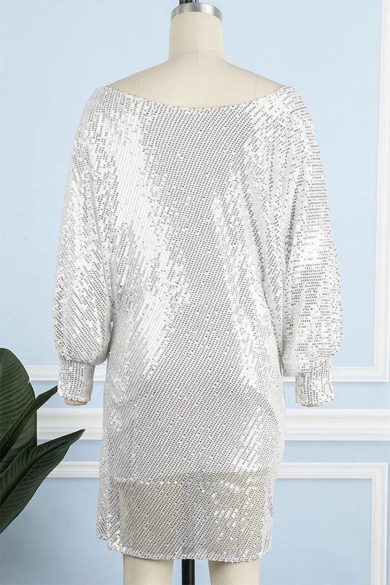 hulianfu Casual Patchwork Sequins One Shoulder Pencil Skirt Dresses