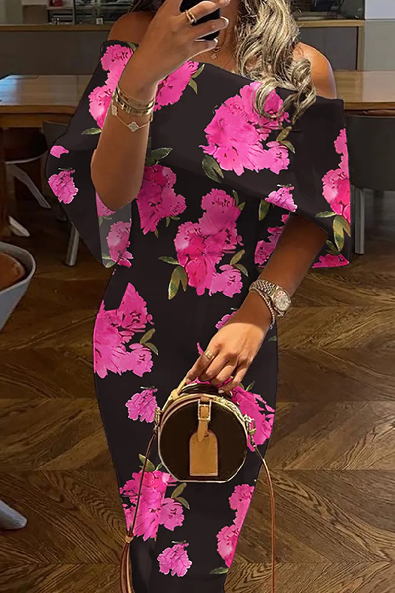 hulianfu Casual Print Patchwork Off the Shoulder Pencil Skirt Dresses(7 Colors)