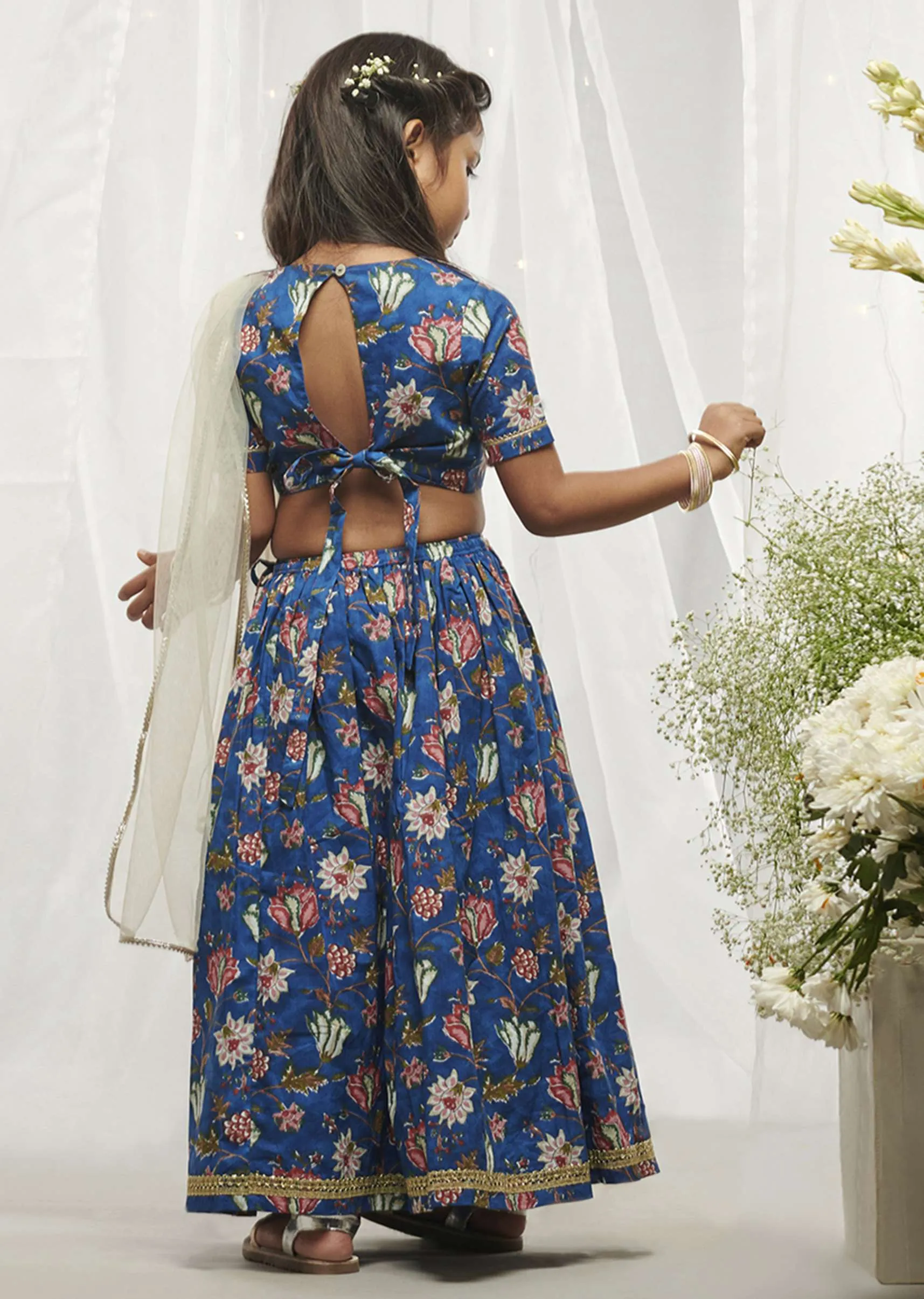 Kalki Girls Blue Lehenga Choli In Cotton With Floral Print All Over By Tiber Taber