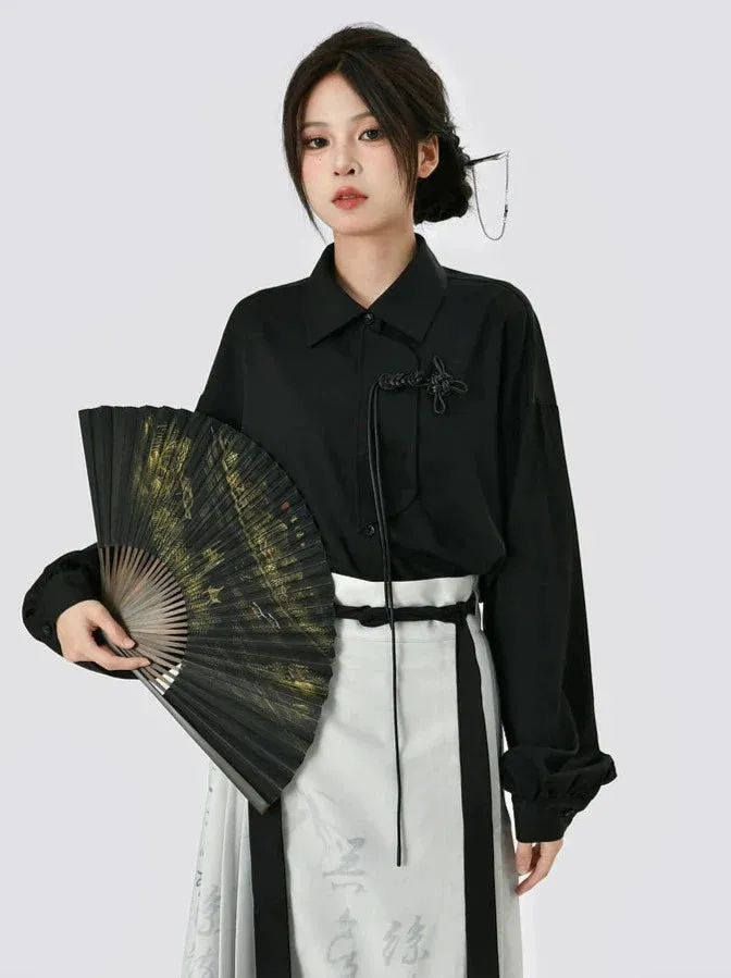 Long Black Grey Shirt China Skirt Print   Retro