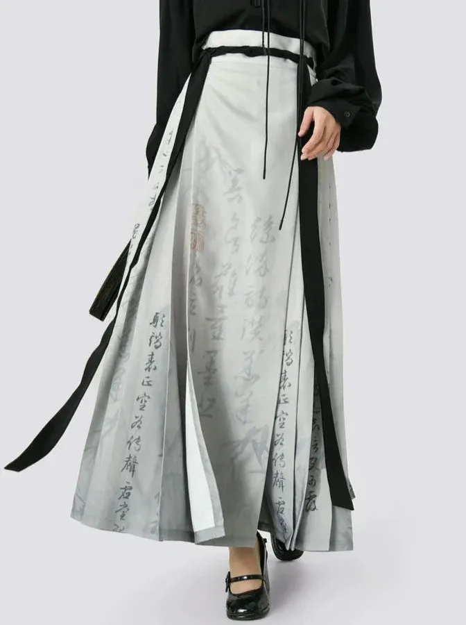 Long Black Grey Shirt China Skirt Print   Retro