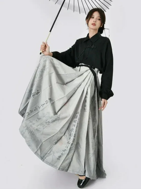 Long Black Grey Shirt China Skirt Print   Retro