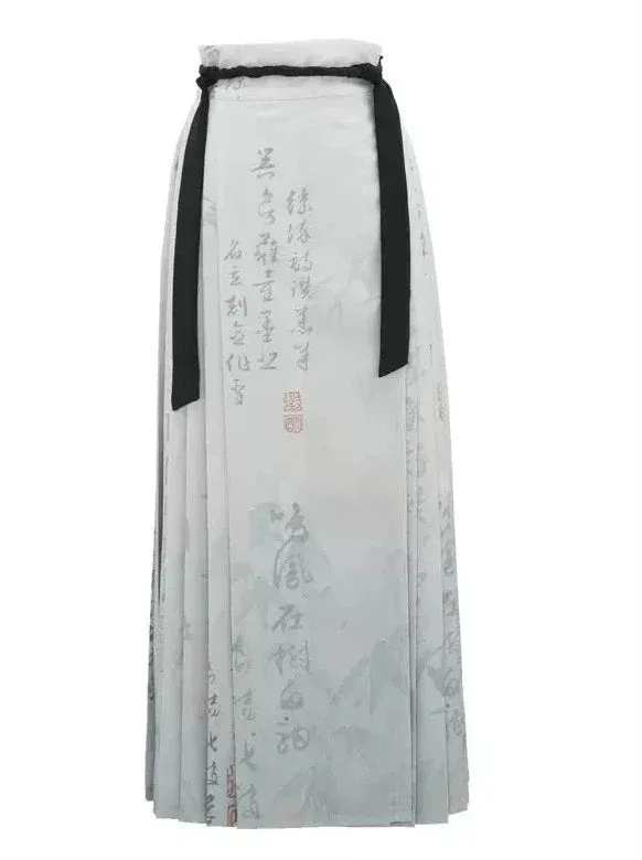 Long Black Grey Shirt China Skirt Print   Retro