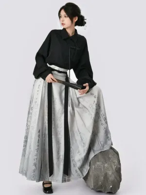 Long Black Grey Shirt China Skirt Print   Retro
