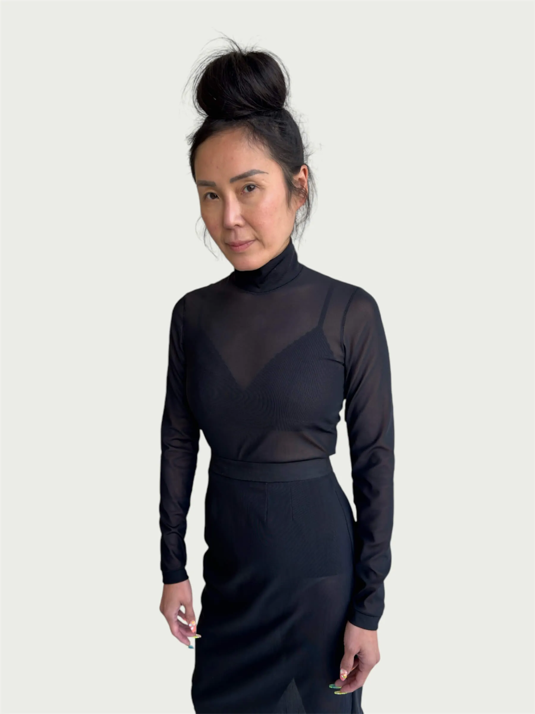 Mesh Mock Neck Top in Black